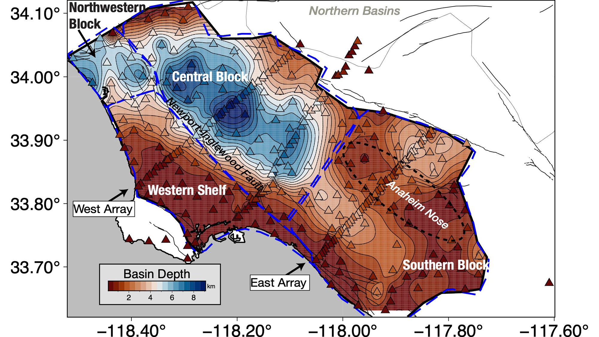 A topographical map of LA showing different blocks for earthquake risk in different colors.