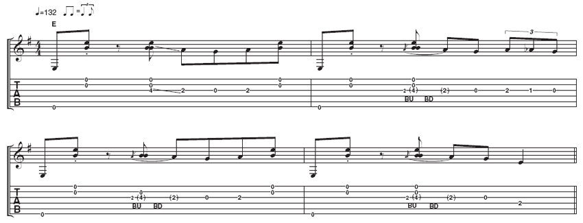Example 1: Loose and ringing are the words to keep in mind when playing through this example. Aim for a reckless edge, tempered by an almost funky shuffle feel.