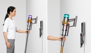 Dyson V15 Detect and Absolute version being docked on a wall