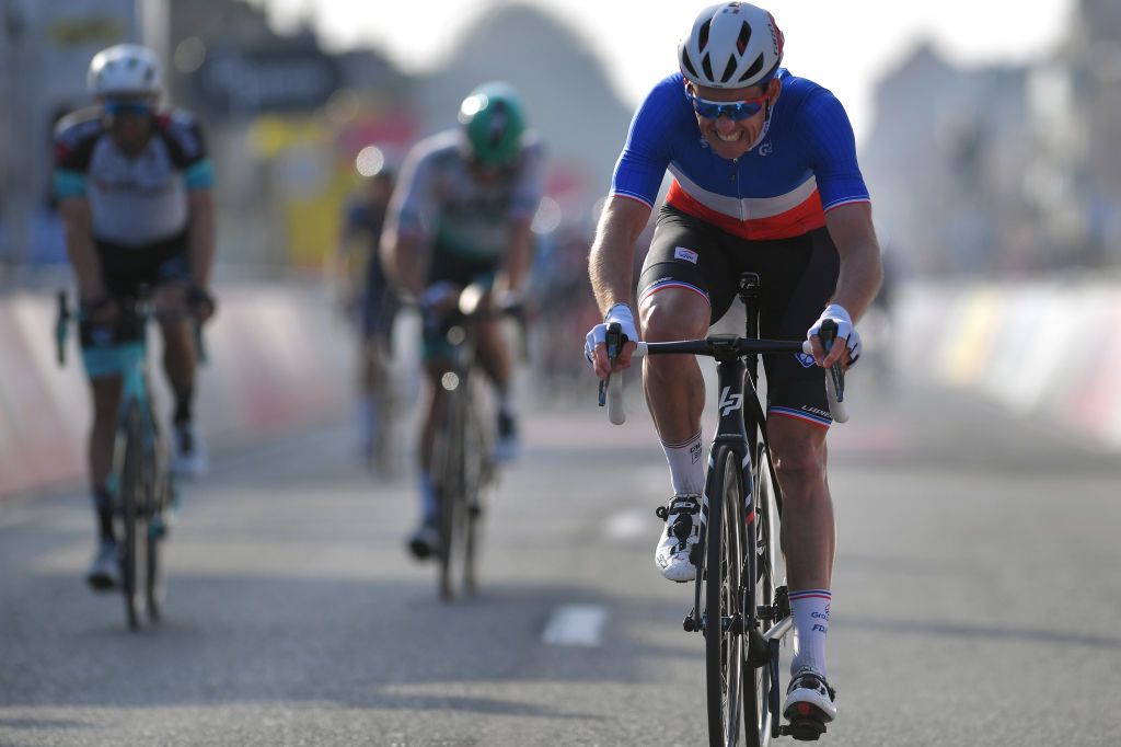 DE PANNE BELGIUM MARCH 24 Arrival Arnaud Demare of France and Team Groupama FDJ during the 45th Oxyclean Brugge De Panne 2021 Men Classic a 2039km race from Brugge to De Panne OxycleanClassic on March 24 2021 in De Panne Belgium Photo by Luc ClaessenGetty Images