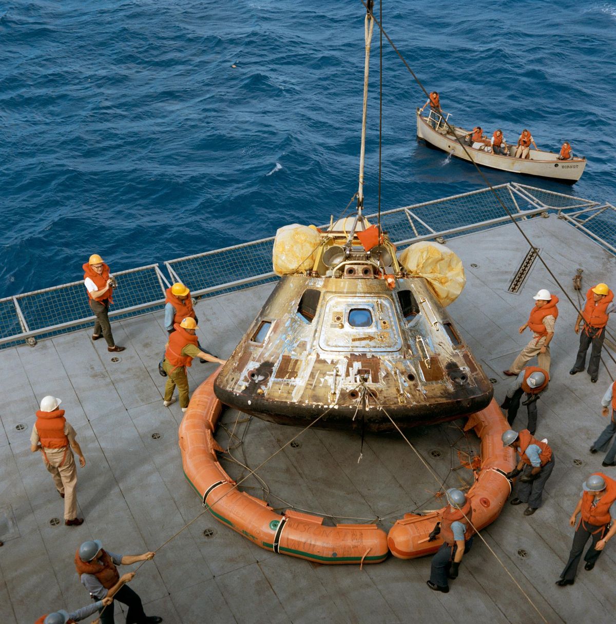 The Apollo 11 command module, seen here as the astronauts returned from the moon, is one of the artifacts highlighted in a new Smithsonian Channel series.