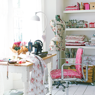 white room with sewing machine and white flooring