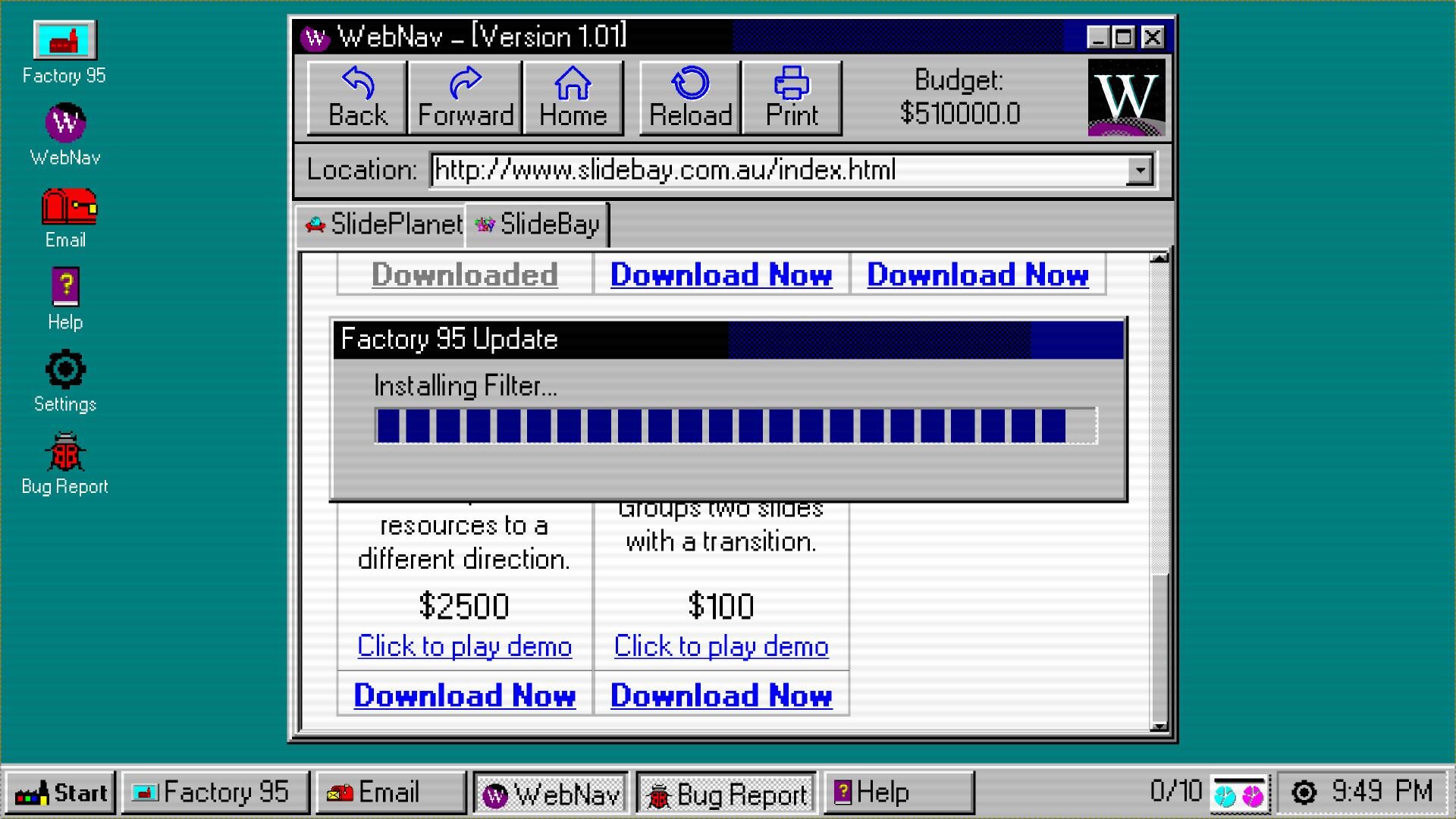 Retro computer interface with teal background, displaying a web browser window titled "WebNav." Progress bar reads "Factory 95 Update: Installing Filter." Menu includes icons like email and settings.