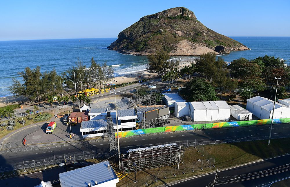 The tents are up for the Olympic Games road race in Fort Copacabana
