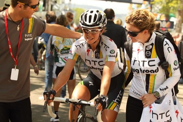 Evelyn Stevens (HTC-HighRoad) was helped away from the finish line by team staff