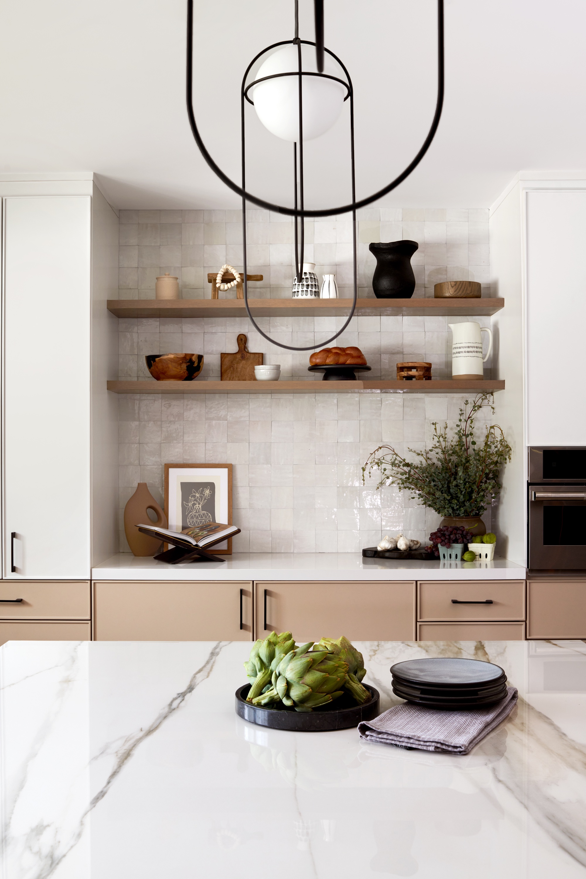 white kitchen with zellige tiles and open shelving by LH Designs