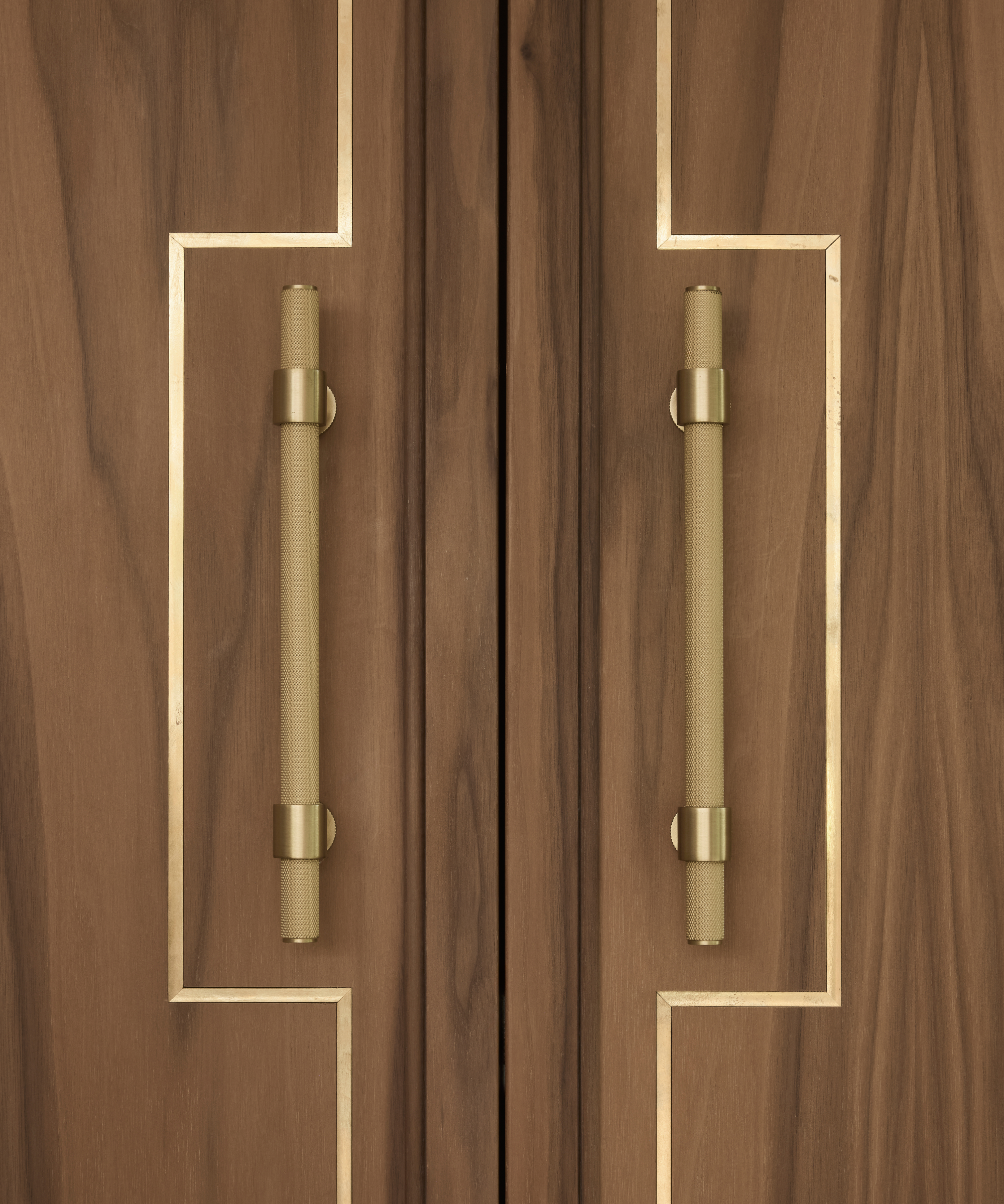close up of matt gold long cabinet handles on wooden door with gold inlay around edge of cabinet and handles
