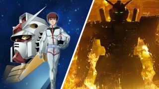 Split image showing the Gundam anime on the left, and an early render of the live-action movie on the right.