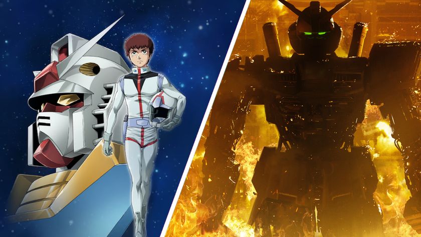 Split image showing the Gundam anime on the left, and an early render of the live-action movie on the right.