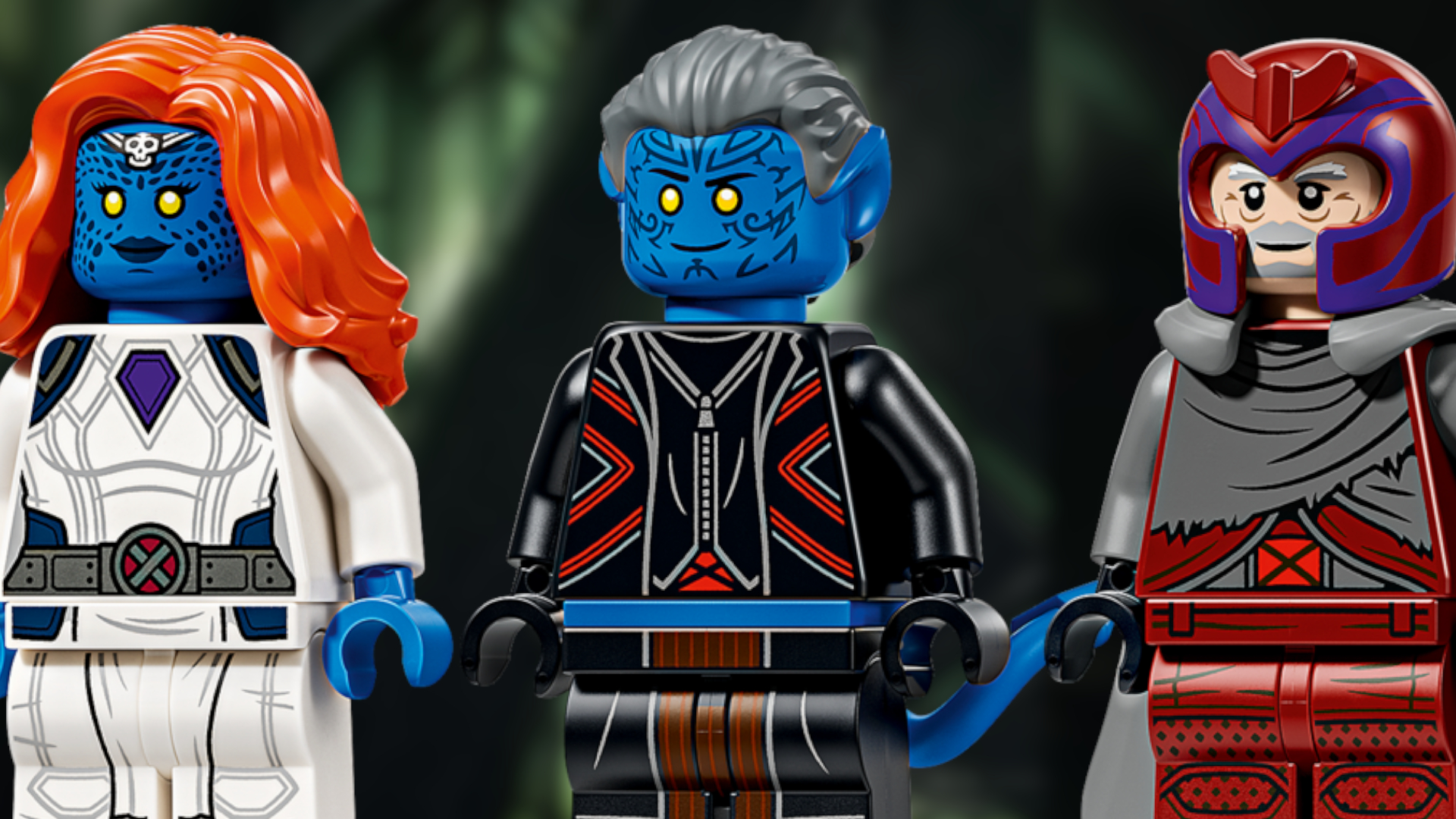 Lego Mystique, Nightcrawler, and Magneto against the Avengers: Doomsday logo with green stained glass