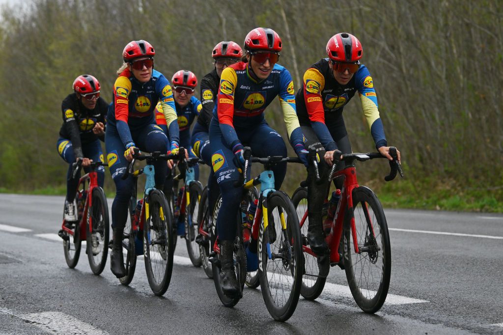 ROUBAIX FRANCE APRIL 05 LR Elisa Balsamo of Italy and Ilaria Sanguineti of Italy and Team Lidl Trek during the 121st ParisRoubaix 2024 Previews UCIWT on April 05 2024 in Roubaix France Photo by Luc ClaessenGetty Images