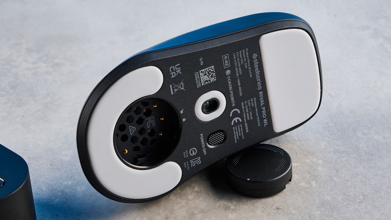 The SteelSeries Rival Pro mouse on a grey stone surface