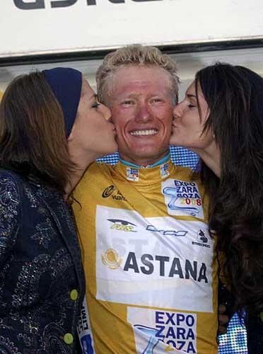 Alexandre Vinokourov (Astana) is equally delighted, as he now assumes the race leadership.