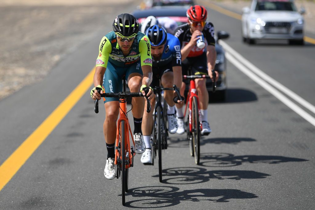 Vini Zab&ugrave;&ndash;KTM&rsquo;a Umberto Marengo leads the breakaway on stage 3 of the 2020 UAE Tour