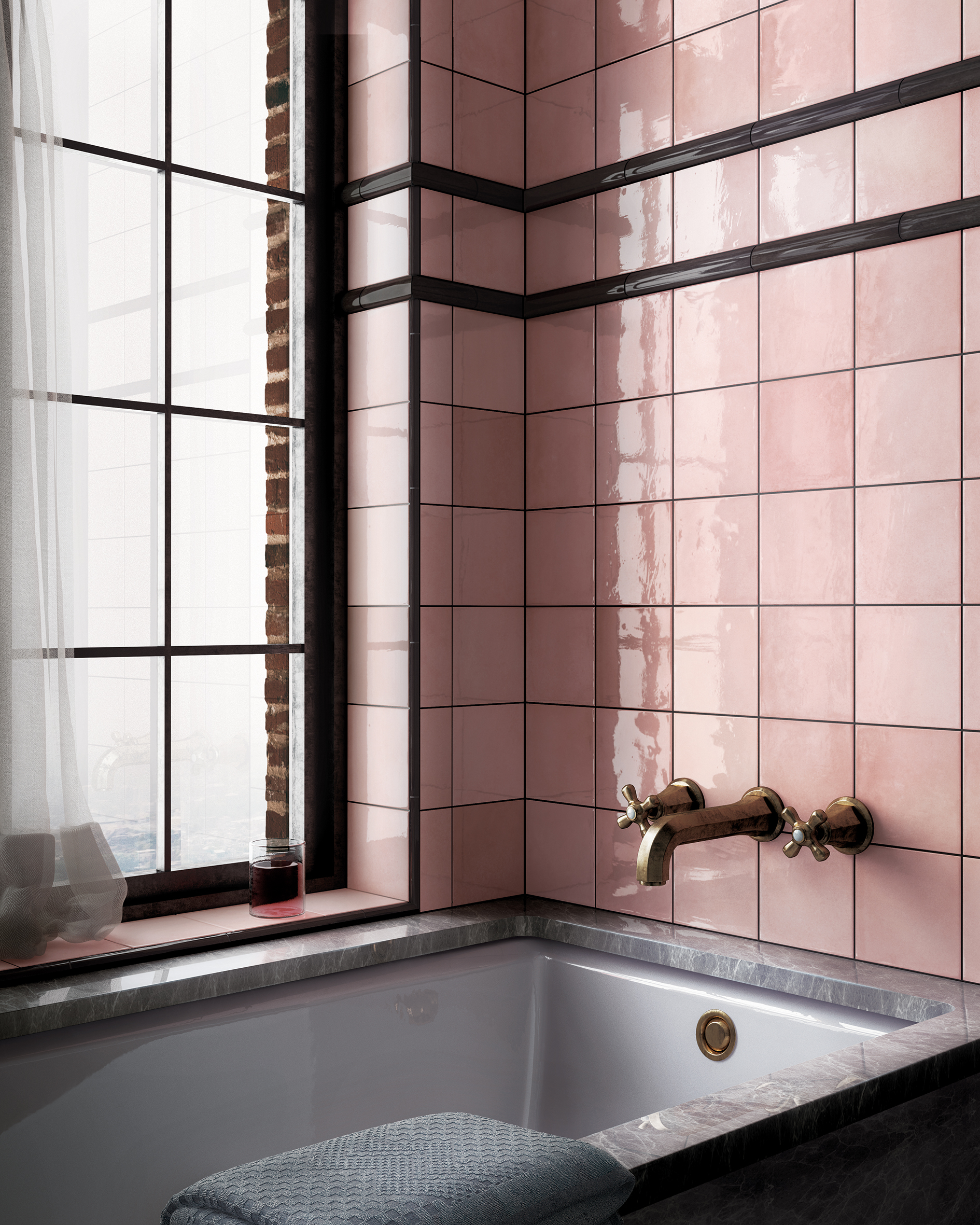 Bathroom with pink square tiles