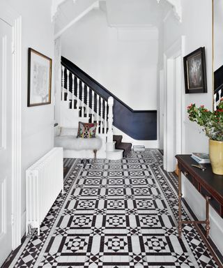 Victorian hallway tiles with black and white geometric pattern