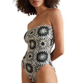 grey crochet print bandeau swimsuit shot on model