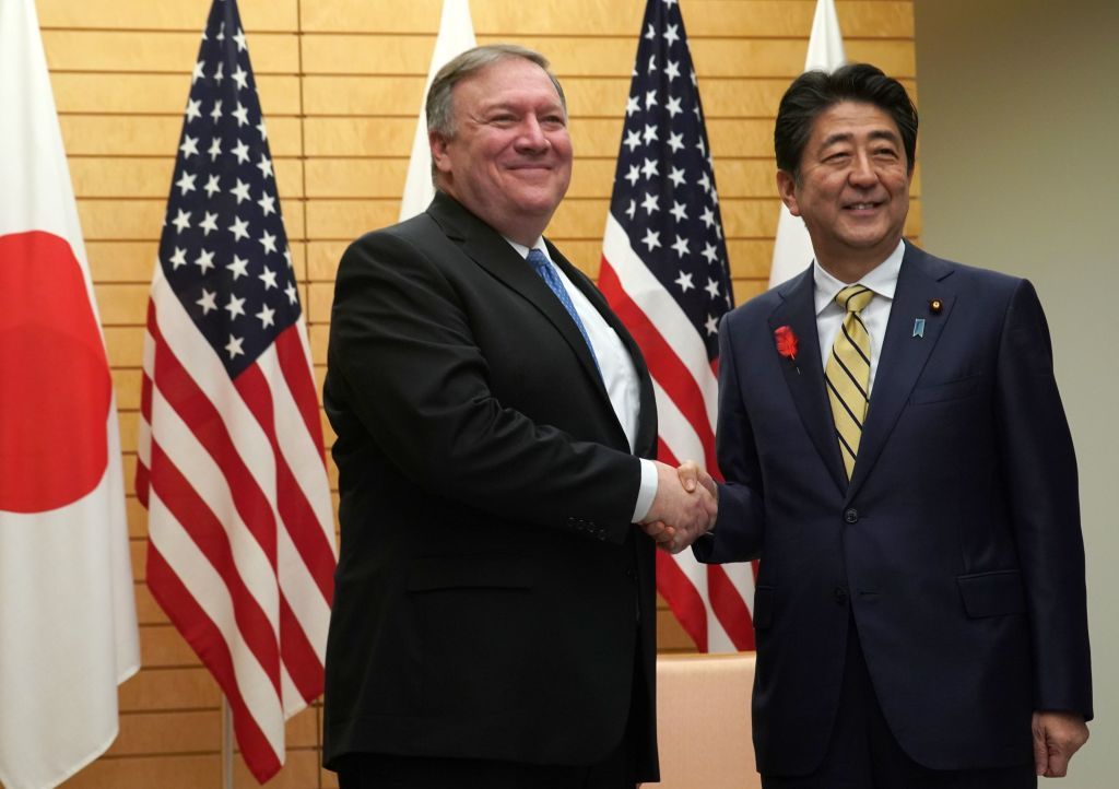 Secretary of State Mike Pompeo (L) shakes hands with Japan&amp;#039;s Prime Minister Shinzo Abe 