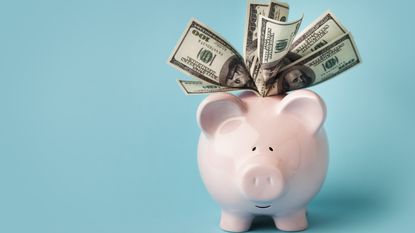A pink piggy bank with cash sticking out of the top against a blue background.
