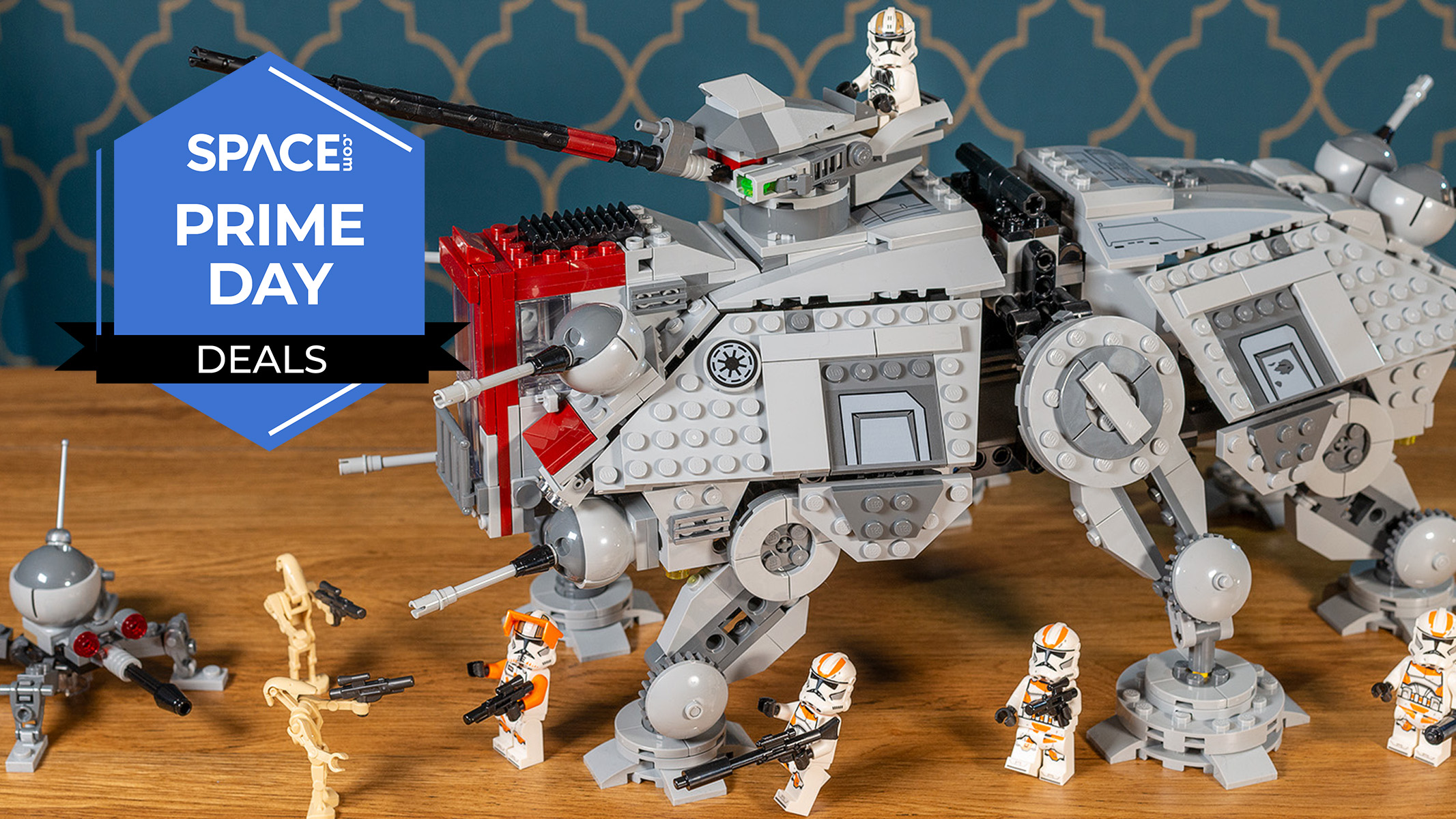 A Lego Star Wars AT-TE on a table. 