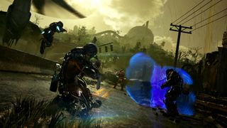 A skirmish on a ruined highway in Exoborne, where one player is using a bright blue shield