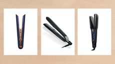 Collage of three of the best straighteners for curly hair featured in this guide from Dyson, ghd, and Cloud Nine, set against a beige watercolour-style background