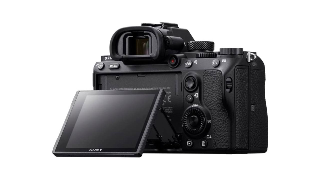 A rear view of the Sony A7 III showing the flip-out LCD monitor.
