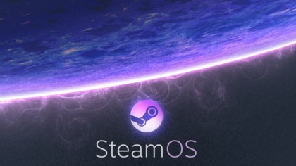 An image of the SteamOS logo on a rendered background in purple and black