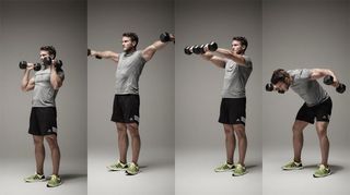 Fitness model demonstrates four dumbbell exercises: overhead press, lateral raise, front raise, reverse flye
