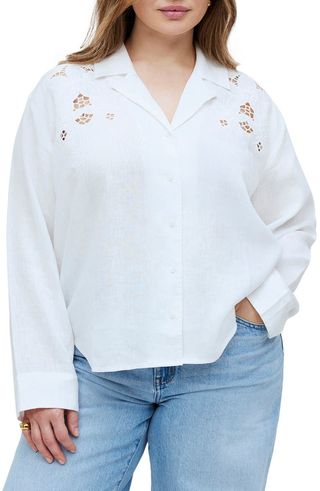 Eyelet Inset Linen Button-Up Shirt