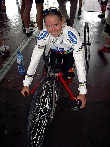 Monique Van de Vorst in her World Champion's rainbow jersey