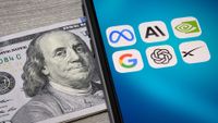 Big Tech logos next to a hundred-dollar bill