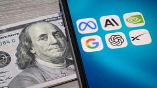Big Tech logos next to a hundred-dollar bill