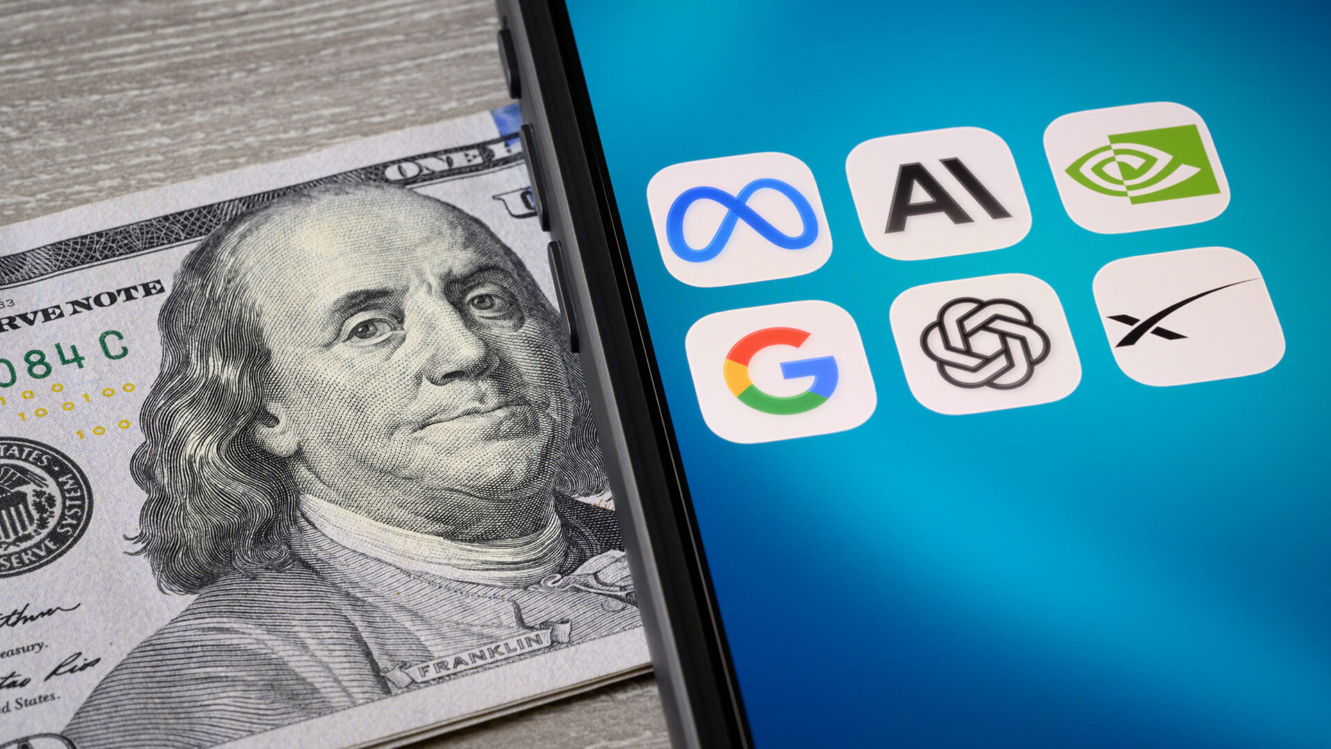 Big Tech logos next to a hundred-dollar bill