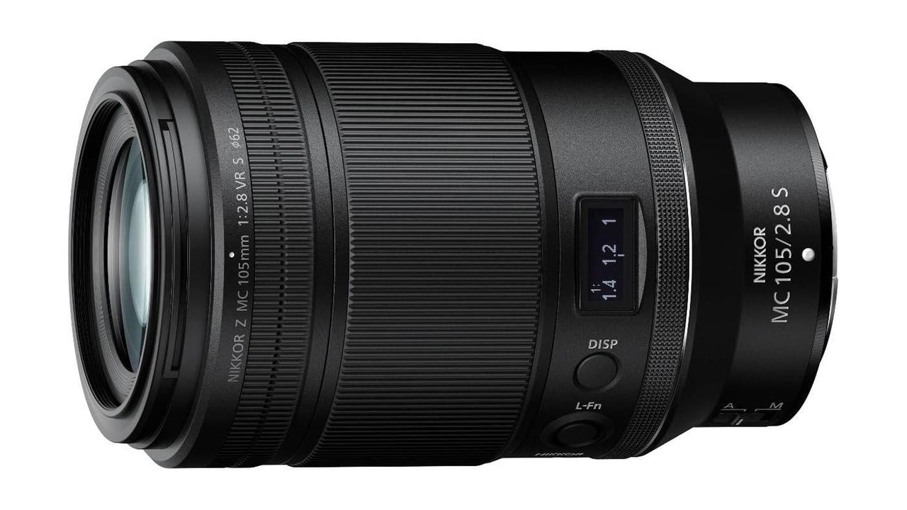 Nikon NIKKOR Z MC 105mm f/2.8 VR S lens on a white background