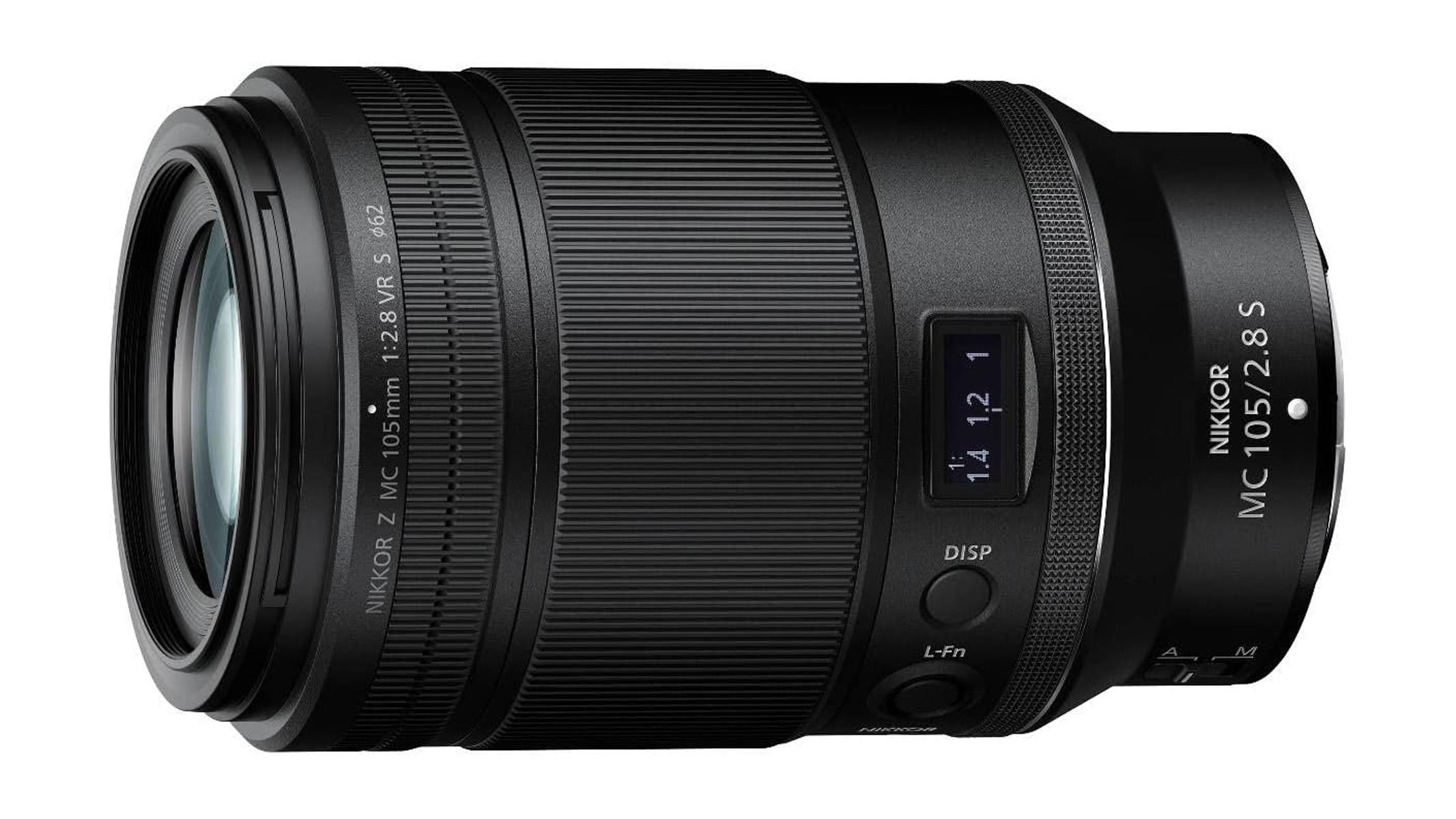 Nikon NIKKOR Z MC 105mm f/2.8 VR S lens on a white background