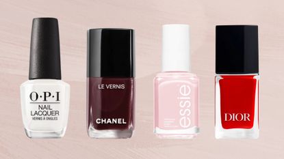 A selection of timeless nail polishes from OPI, Chanel, Essie and Dior in a pink template