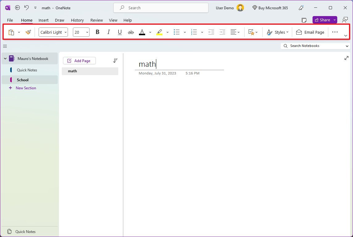 главная страница OneNote