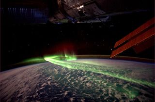 A photo taken on the ISS captures an aurora over the southern hemisphere during an earlier solar storm.