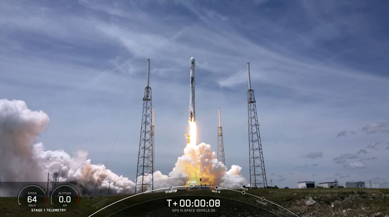 A SpaceX Falcon 9 rocket carrying the GPS III SV05 satellite for the U.S. Space Force launches from Space Launch Complex 40 at the Cape Canaveral Space Force Station in Florida on June 17, 2021.