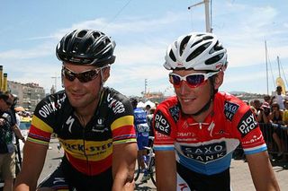 Tom Boonen (l) and Andy Schleck shoot the breeze in Marseille as the stage started.