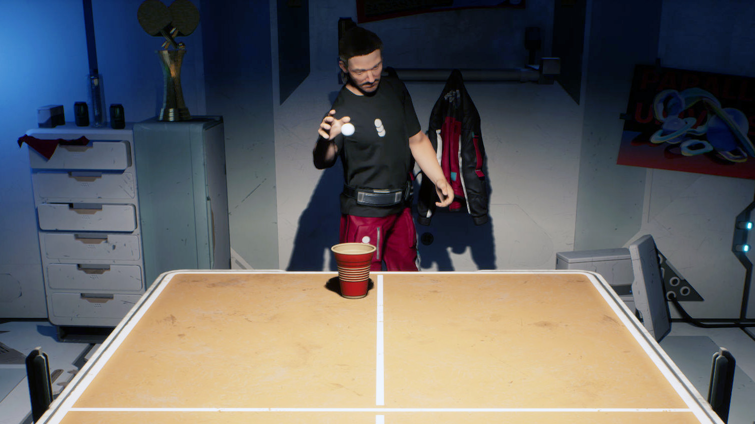 Playable beer pong in The Alters.