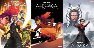 three covers for the comic book "Star Wars: Ahsoka," featuring a humanoid alien woman.