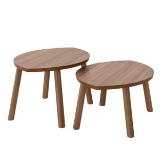 Two round walnut colored tables