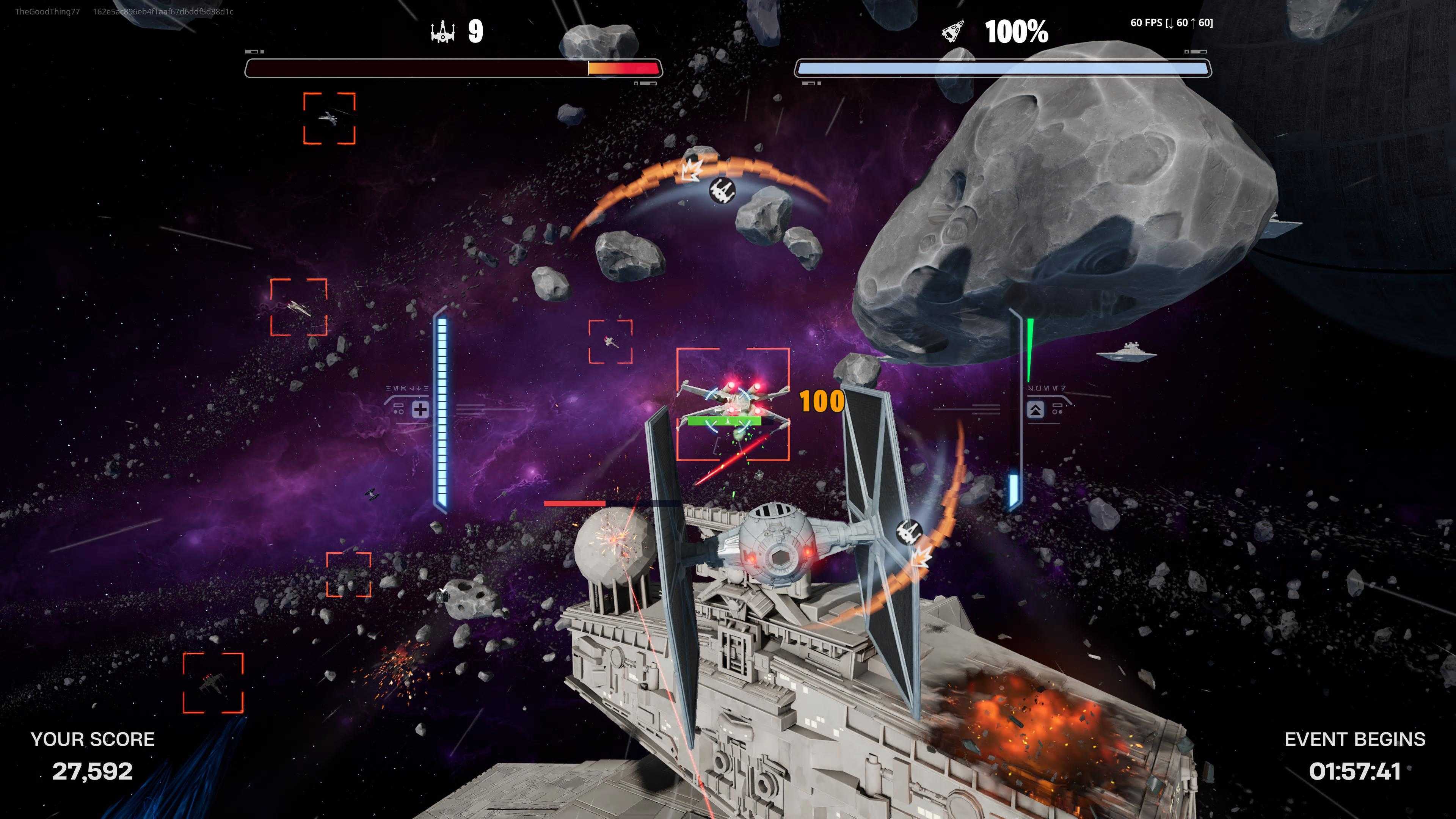 A TIE Fighter closes in on an X-Wing, firing green lasers as it chases