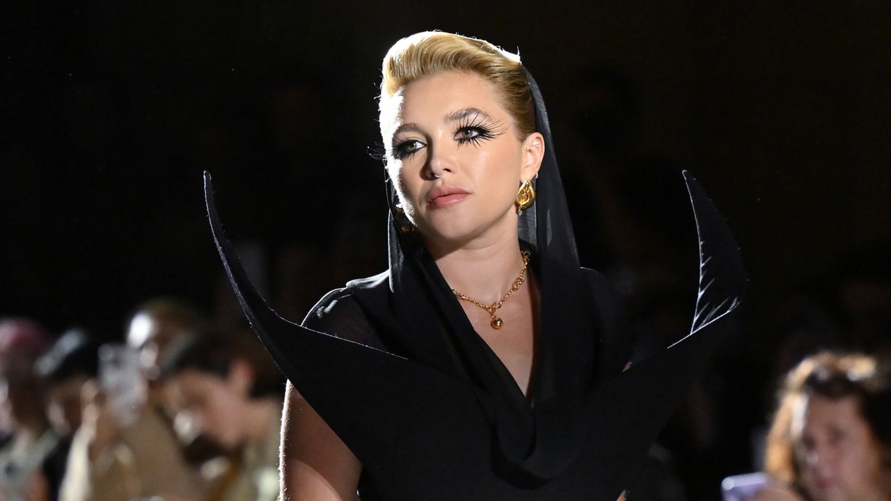 Florence Pugh on the harris reed runway at london fashion week