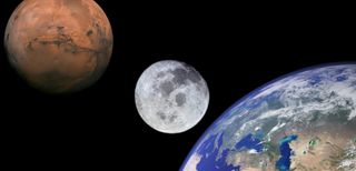An illustration of the Earth, the moon and Mars (not to scale). Future crewed space missions will use the lunar surface as a stepping stone to the Red Planet.