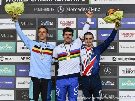 The final podium, l to r: Martin Maes (Belgium), Loic Bruni (France), Danny Hart (Great Britain)