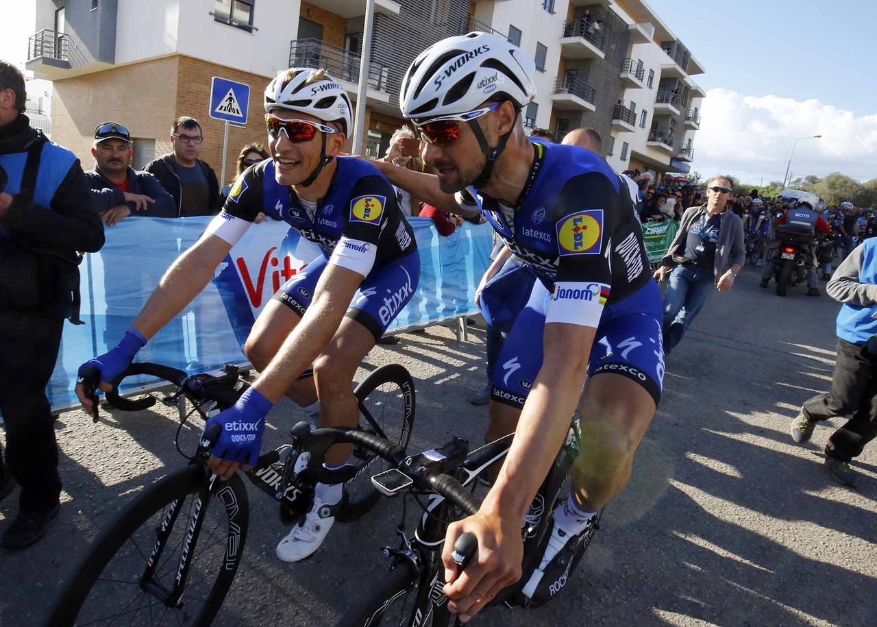 Marcel Kittel celebrates with Tom Boonen