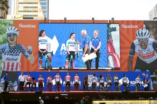 Amanda Spratt on stage for the team presentation at the 2023 Tour Down Under